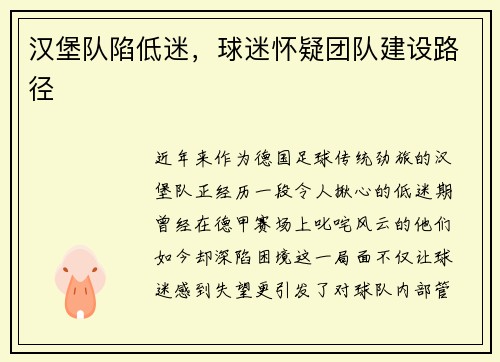 汉堡队陷低迷，球迷怀疑团队建设路径