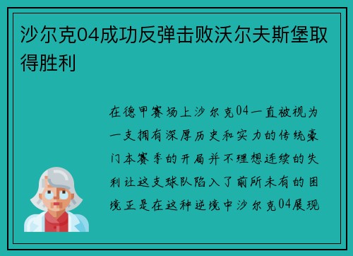 沙尔克04成功反弹击败沃尔夫斯堡取得胜利